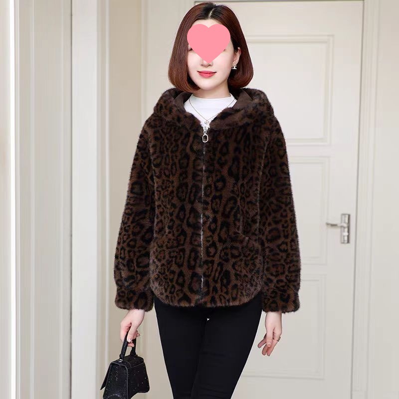 인터넷 인기 모조 모피 레오파드 무늬 재킷 짧은 후드 뉴 패션 모피 원 모조 밍크 양털 여성 의류