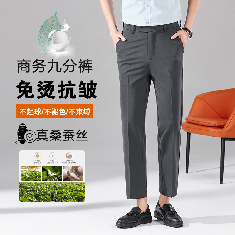 Mulberry Silk Ankle-length Pants Men's Summer Thin Anti-wrinkle high quality Light Business Mid-high Waist Casual Trousers Men's Pants