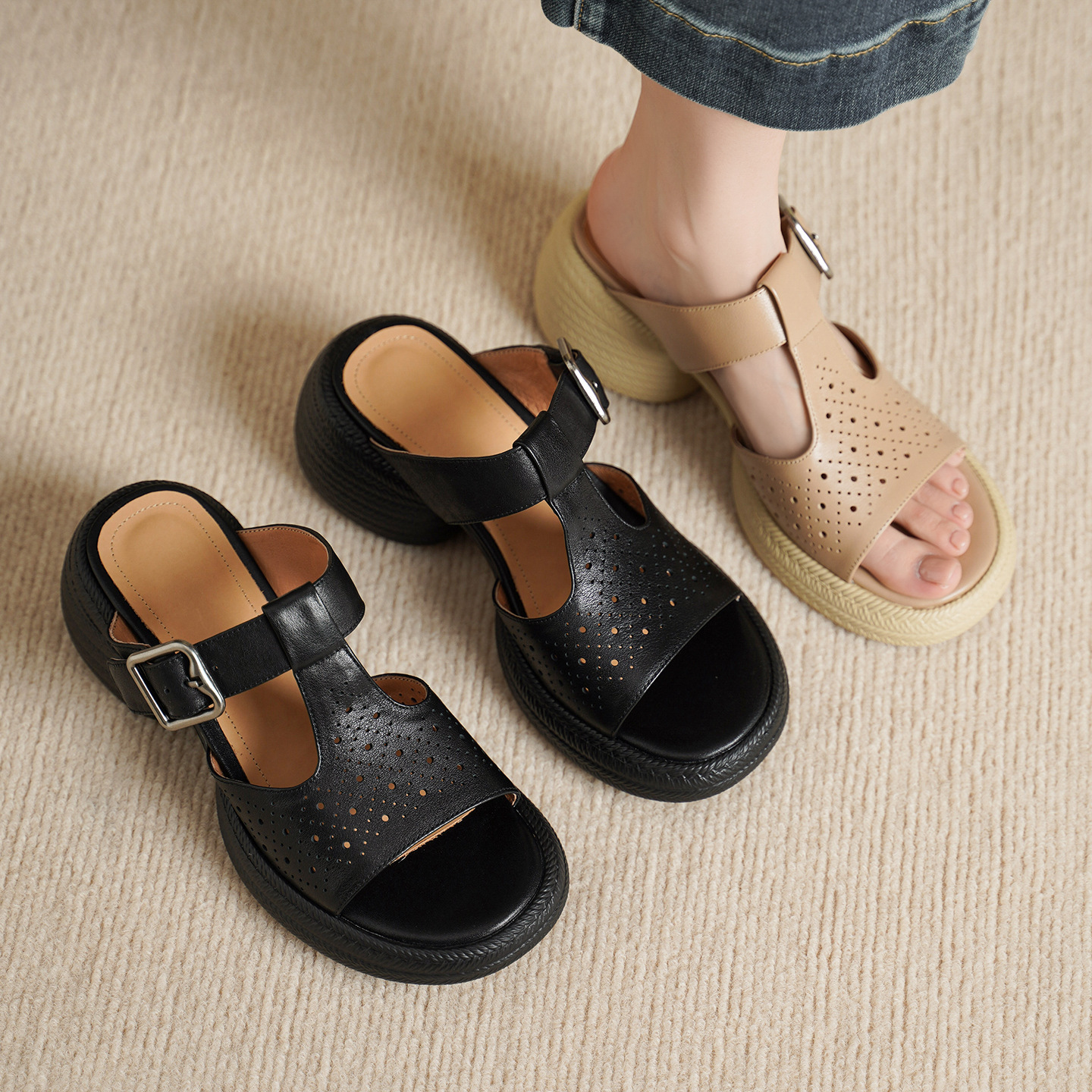 Sandal nữ da bò cao gót quai chữ T đế dày — đen