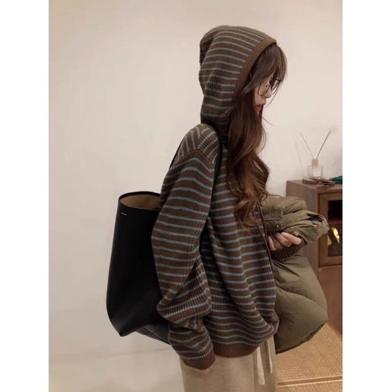 2025 New Striped Hooded Sweater Early Autumn Women's Small Short Lazy Style Loose Outerwear Sweater
