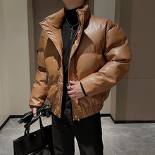 跨境pu皮棉服男咖色帅气立领短款冬季新款外套零下40度防寒服