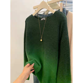 渐变绿色复古套头宽松打底毛衣女2025秋冬新款外穿慵懒风针织衫潮