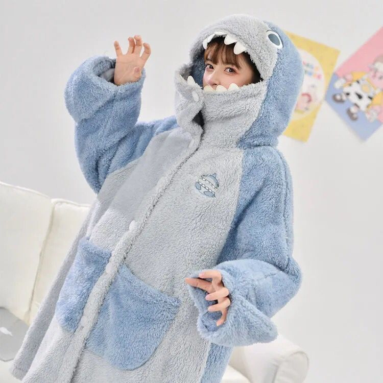 Lindo divertido tiburón pijamas de las mujeres de invierno coral fleece prendas de vestir exteriores de lana larga homewear camisón de dibujos animados