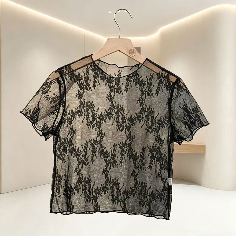 Elegant black lace jacquard short-sleeve women's top with transparent thin mesh to cover arms, stretchy and suitable for layering
