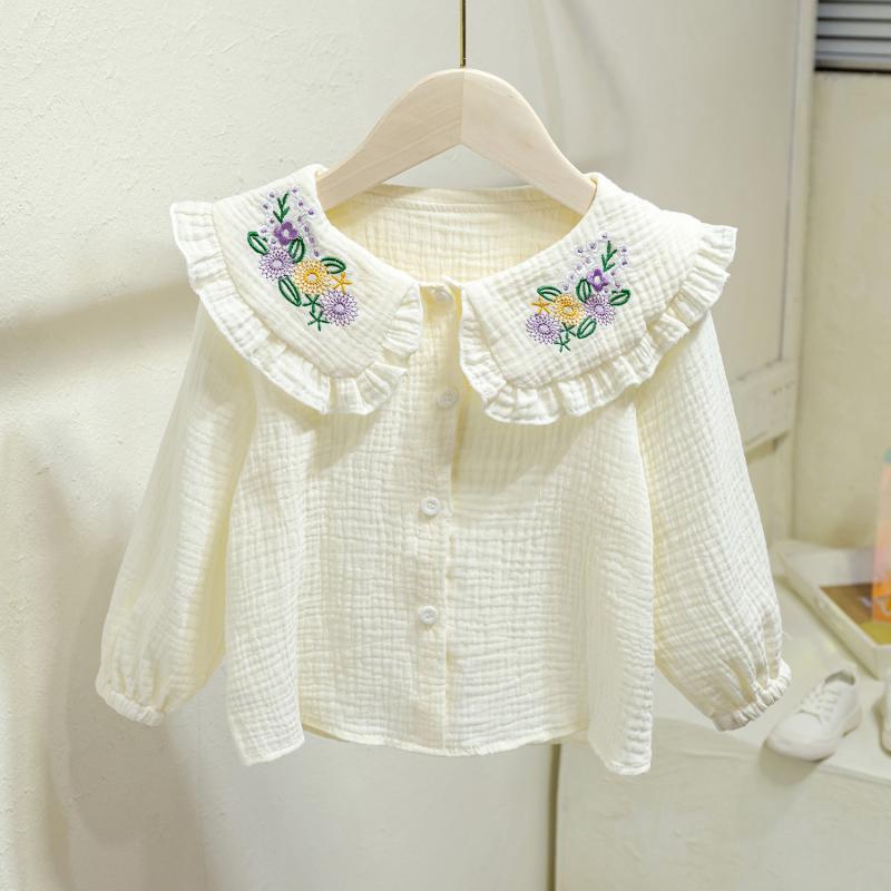 Camisa para niñas 2022 Primavera y otoño Nuevo estilo coreano solapa cuello redondo color sólido bordado color sólido estilo occidental manga larga camisa para niños