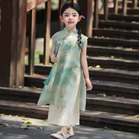 Платье Cheongsam для девочек, платье Hanfu, новый стиль лета 2024 года, новый детский китайский стиль, улучшенный наряд в китайском стиле для маленькой девочки.