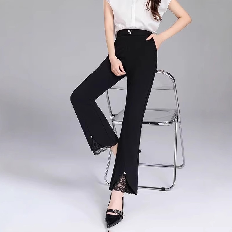 Petite Nine-Point Spring and Summer New Black Flared High-Waisted Slimming Split Casual Pants for Moms