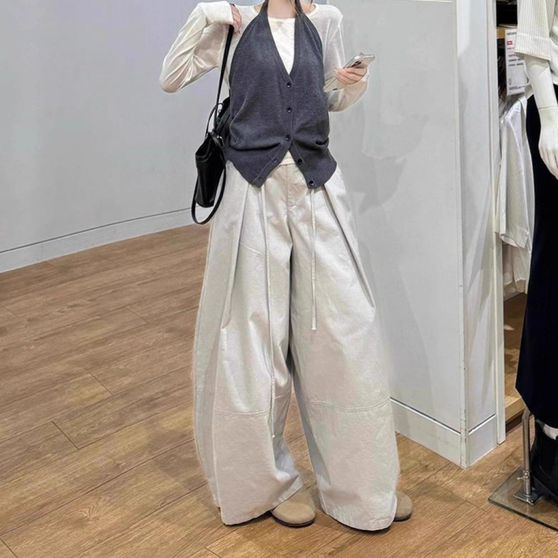 韩系叠穿挂脖背心马甲长袖针织衫系带阔腿裤女2025秋季新款套装潮|undefined