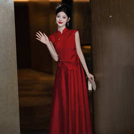 酒红色新娘敬酒服2026新款订婚礼服新中式回门旗袍改良连衣裙套装