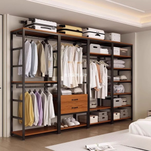 Open Wardrobe Rack Walk-In Wardrobe Floor-Standing Clothes Rack Household Simple Storage Double-Layer Combination with Drawers
