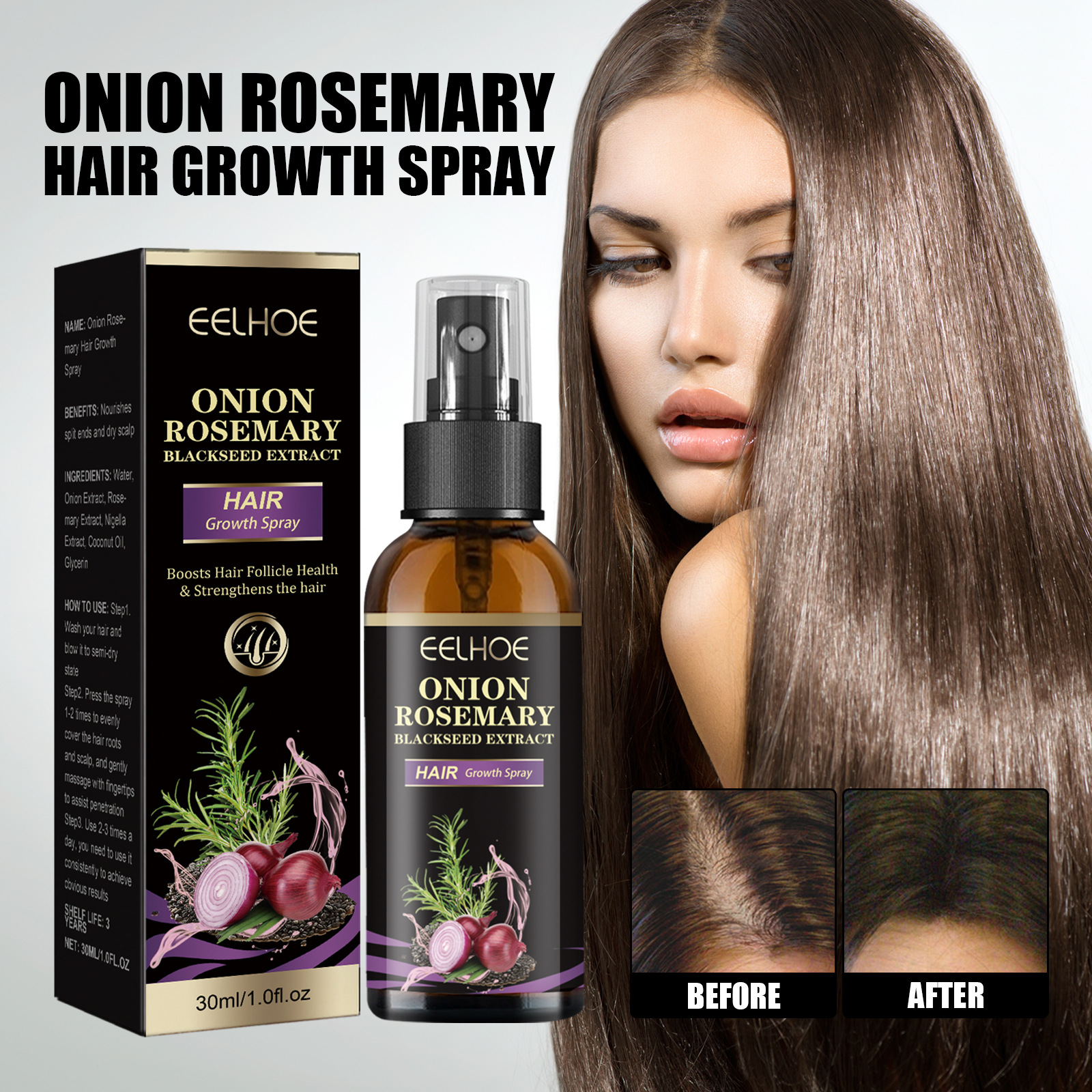 EELHOE sibula-rosmariini juuksepaksussprei niisutab sügavuti peanahka ja siledaid juukseid. Juuksehooldussprei._voghion.com