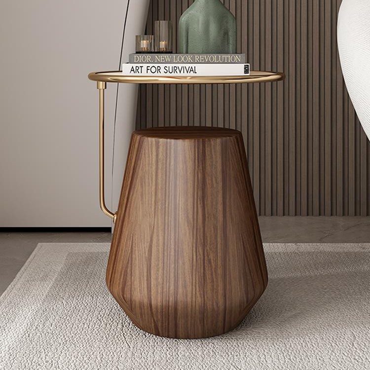 Mesa lateral de losa de roca de lujo ligero, sofá de sala de estar, esquina móvil redonda minimalista, diseño de cabecera, mesa de centro pequeña de nogal