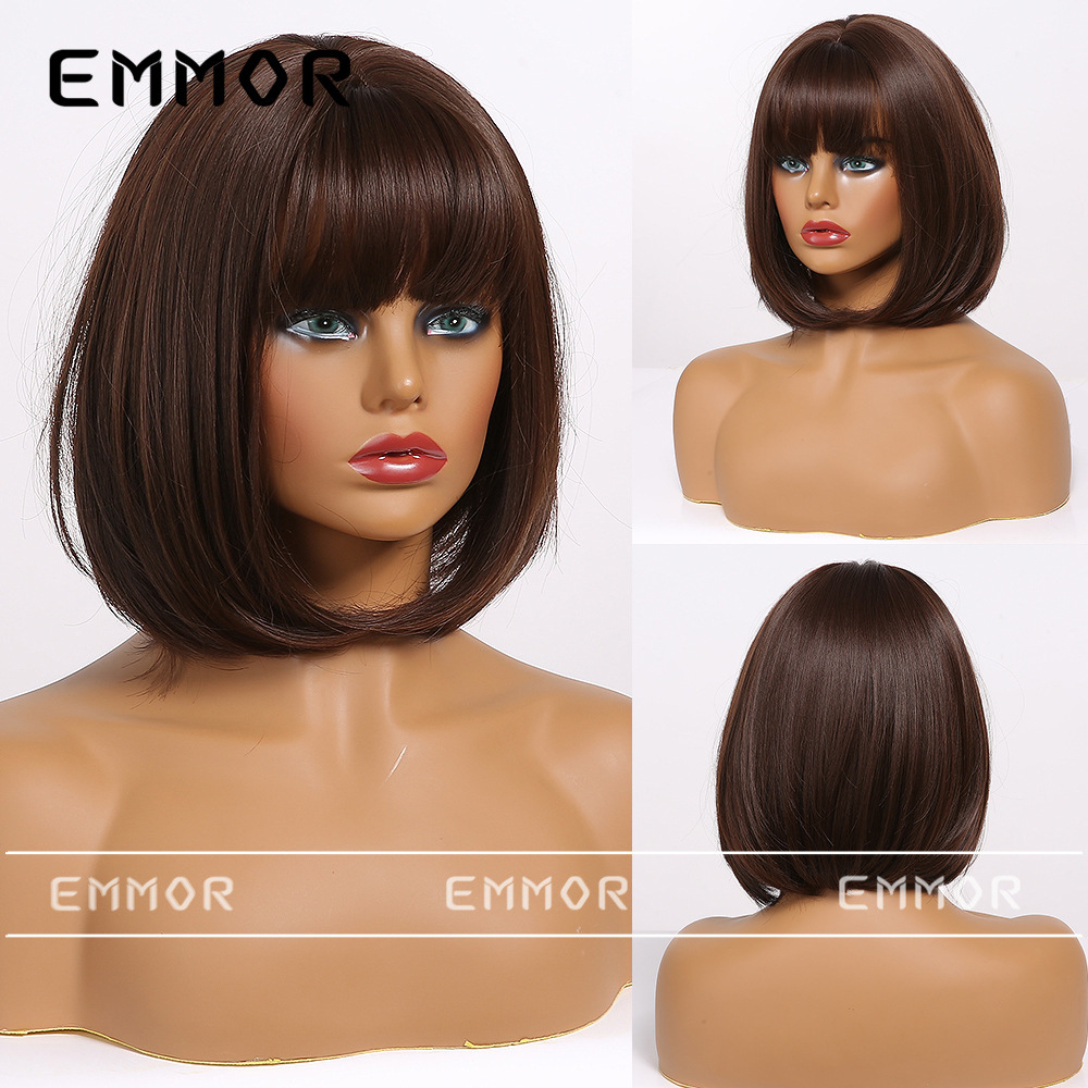 Emmor europeo y americano Amazon Comercio exterior peluca transfronteriza marrón BOB cabeza Rosa Red de pelo de fibra química de las mujeres cubierta de la cabeza del pelo