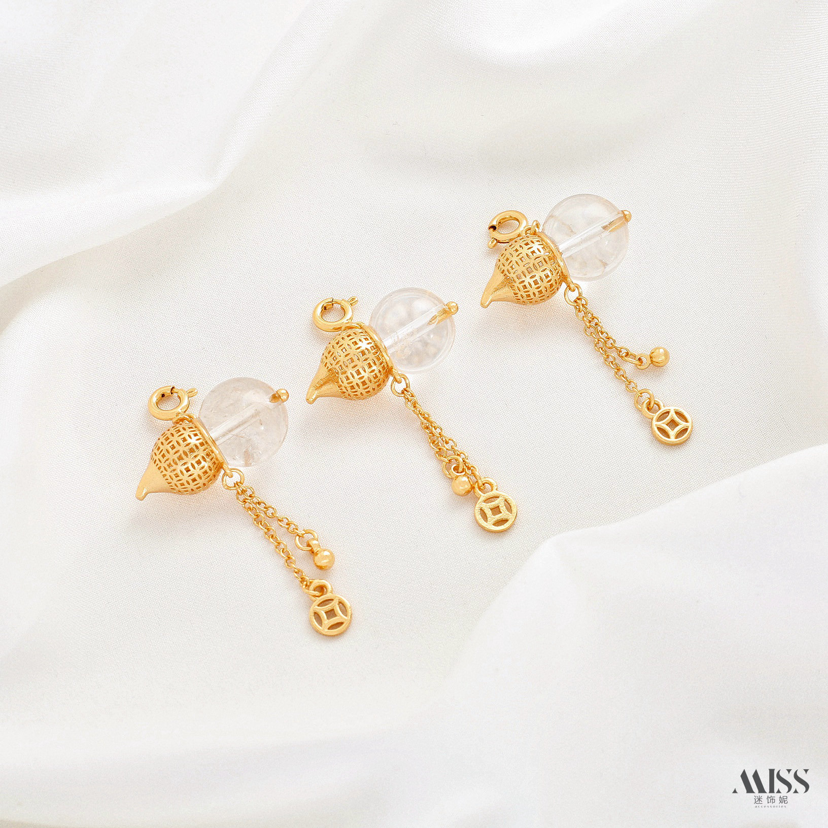 Natural White Crystal Citrine 24K Gold-Plated Color-Preserving Gourd Pendant Instant Wealth Copper Coin Spacer Bead DIY Jewelry Accessories