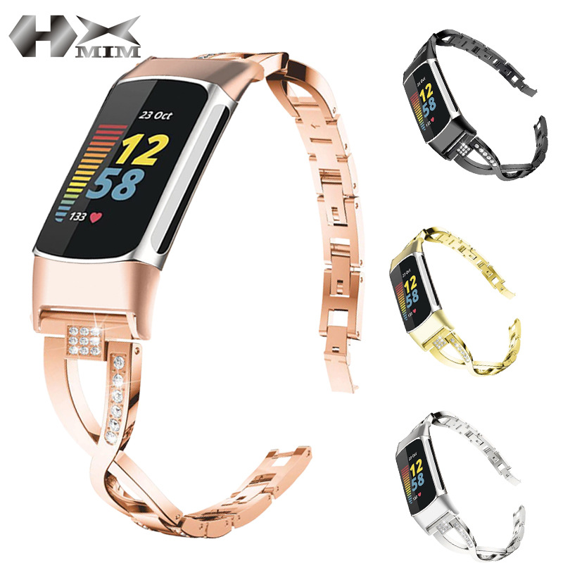 For charge5 smartwatch X-type diamond-encrusted metal strap Fitbit charge5 full-drill steel strap