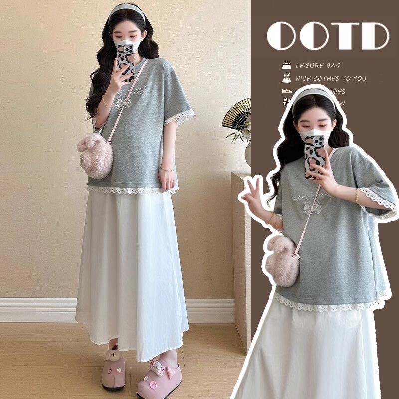 Maternity Wear, Summer Korean Style, Fashionable Loose-Fitting Short-Sleeved Top That Covers the Belly, Casual Outerwear, Belly-Supporting Skirt, a Complete Set for Hot Moms Maternity Wear, Summer Korean Style, Fashionable Loose-Fitting Short-Sleeved Top That Covers the Belly, Casual Outerwear, Belly-Supporting Skirt, a Complete Set for Hot Moms