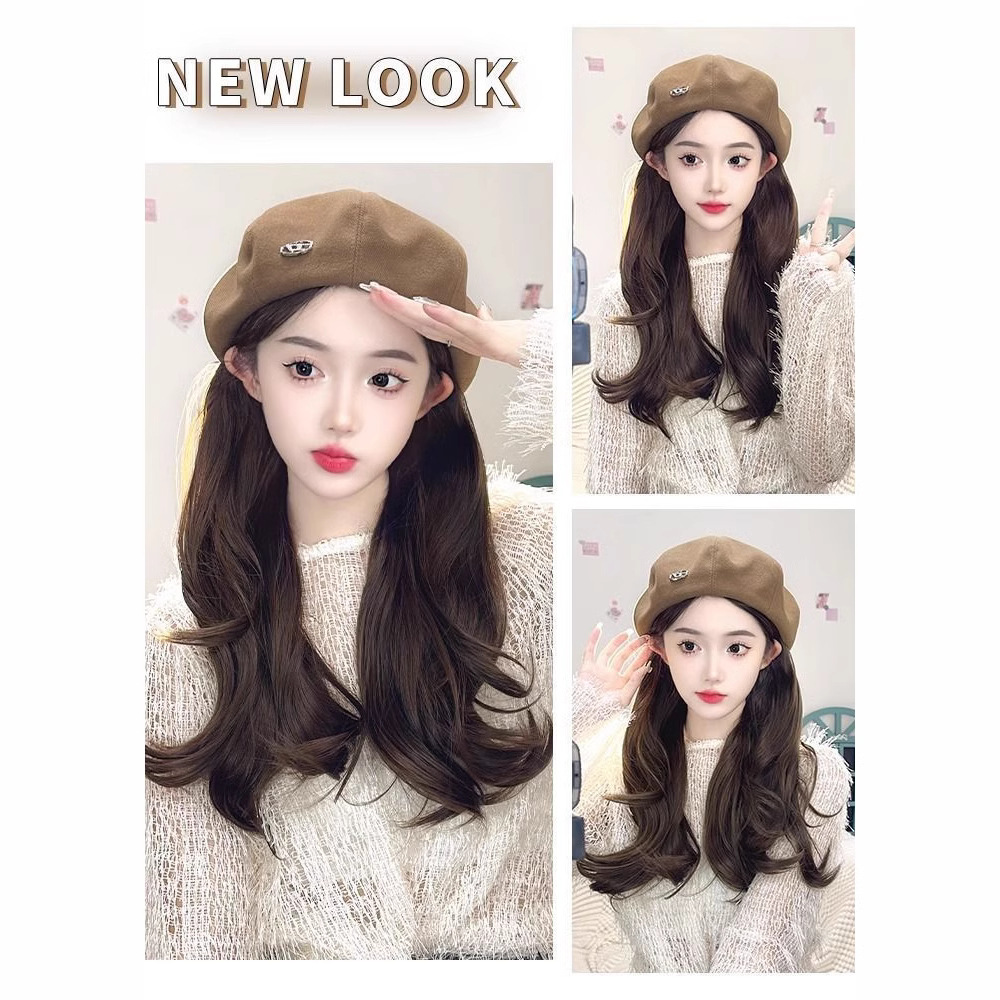 Sombrero de pelo rizado integrado nueva Peluca de las mujeres moda boina pelo micro volumen simulación integrado de pelo largo rizado pelo completo cubierta de la cabeza