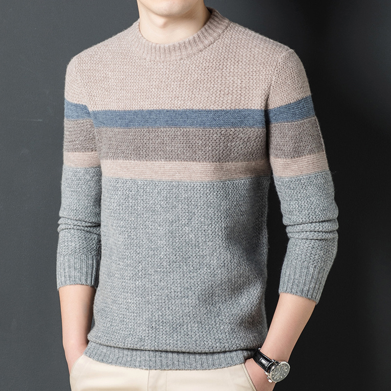 7 핀 두꺼운 100 순수 울 스웨터 남자 크루 넥 컬러 블록 니트 스웨터 젊은 및 중년 패션 스트라이프 따뜻한 스웨터