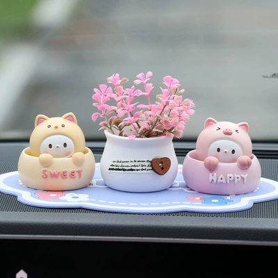 ornaments desktop decoration resin – Car ornaments - cat-piglet-pink-potted-plant-blue-lucky-mat