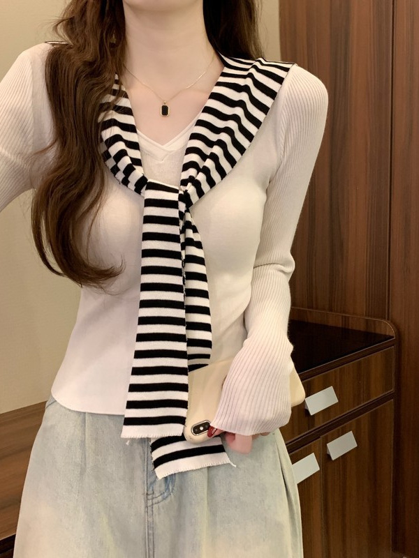 韩系海军领披肩针织打底衫女秋季设计感小众chic别致内搭短款上衣|undefined