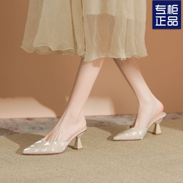 2025 Spring and Summer Thick Heel Pointed Toe Half Slippers Foreign Trade French Fashion Versatile Temperament High Heel Outer Wear Sandals Cross-Border