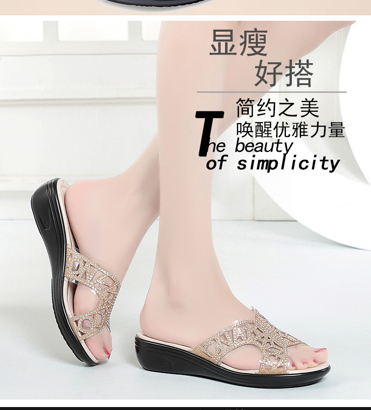 Dép xỏ ngón nữ đế bệt da thật đính đá rhinestone — Màu vàng chi tiết 3