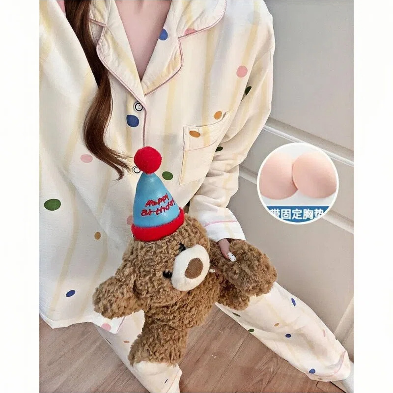 Cloud Cotton Pajamas for Women, Spring and Autumn, with Chest Pads, Japanese Sweet Polka Dot Long Sleeve and Long Pants, Loose Home Wear Set Cloud Cotton Pajamas for Women, Spring and Autumn, with Chest Pads, Japanese Sweet Polka Dot Long Sleeve and Long Pants, Loose Home Wear Set