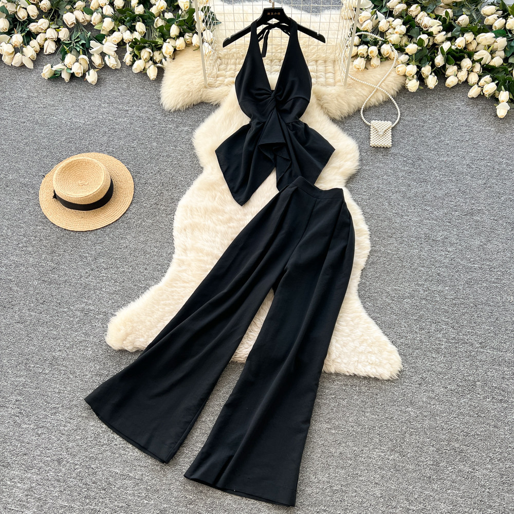 Women's Luxury Commuter Style Halter Vest Wide Leg Pants Two Piece Set Slimming Stylish Backless Summer Outfit_ecoleips.com