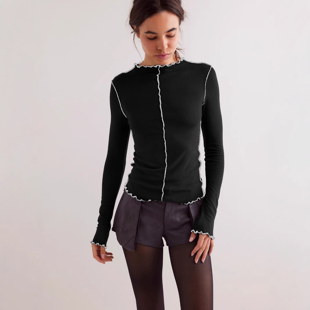 Women's Color Block High Neck Long Sleeve T-Shirt Slim Fit Versatile Base Layer Early Autumn Trendy Top_ecoleips.com