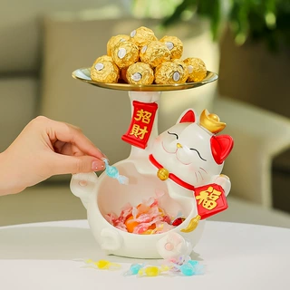 礼品定制家居装饰招财猫托盘收纳桌面摆件客厅茶几零食盘乔迁礼物