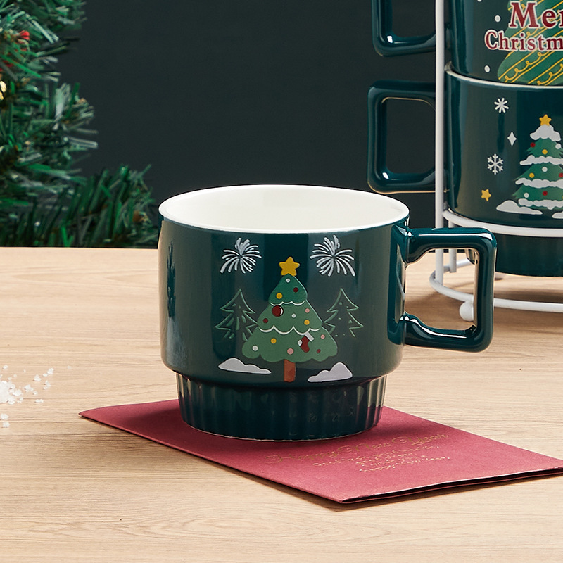 Amazon Venta caliente Navidad taza imprimible logotipo Taza de cerámica con estante Navidad regalo traje al por mayor