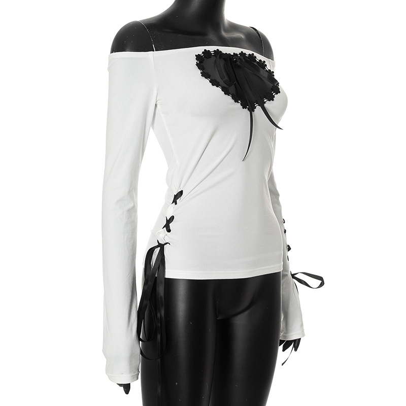 Off Shoulder Hollowed Heart Shape Lace Ribbon Slim Fit Slimming Contrast Color Top Women Long Sleeve Sexy 9 Off Shoulder Hollowed Heart Shape Lace Ribbon Slim Fit Slimming Contrast Color Top Women Long Sleeve Sexy