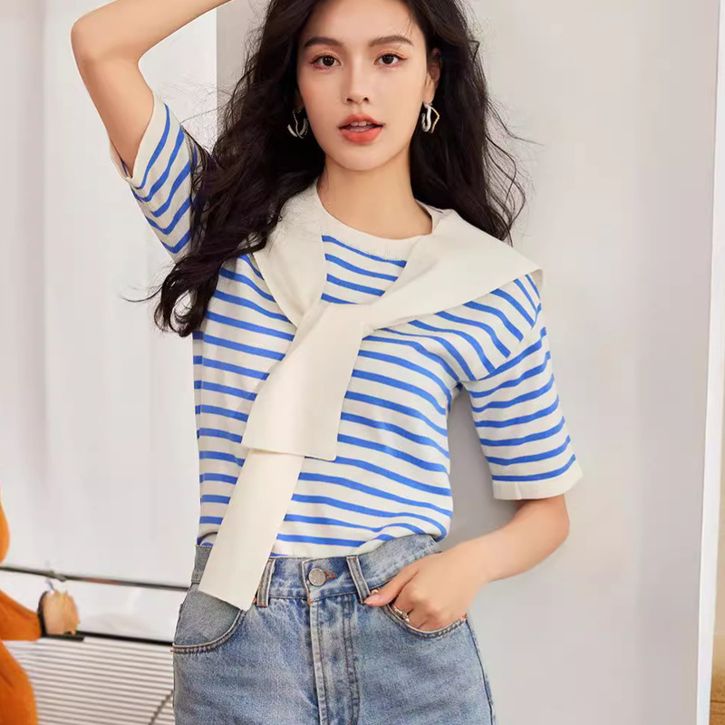 G8503 age-reducing college striped sweater women's Sea Spirit shirt French T-shirt Navy style shawl two-piece top summer wear G8503 age-reducing college striped sweater women's Sea Spirit shirt French T-shirt Navy style shawl two-piece top summer wear