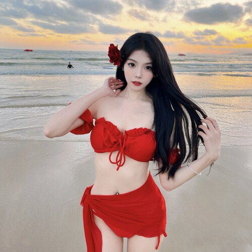 2024 New Hot Network Model Sexy European and American Style Retro Red Bikini Two-Piece Swimsuit for Women with Bra Pads Pure Desire 