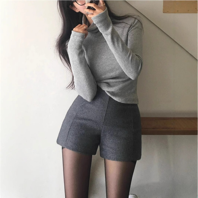 Grey Woolen Shorts Women's Winter 2024 Slim-fit Korean Style Slim-fit Hip Woolen Boots Pants High Waist Base Triple Pants