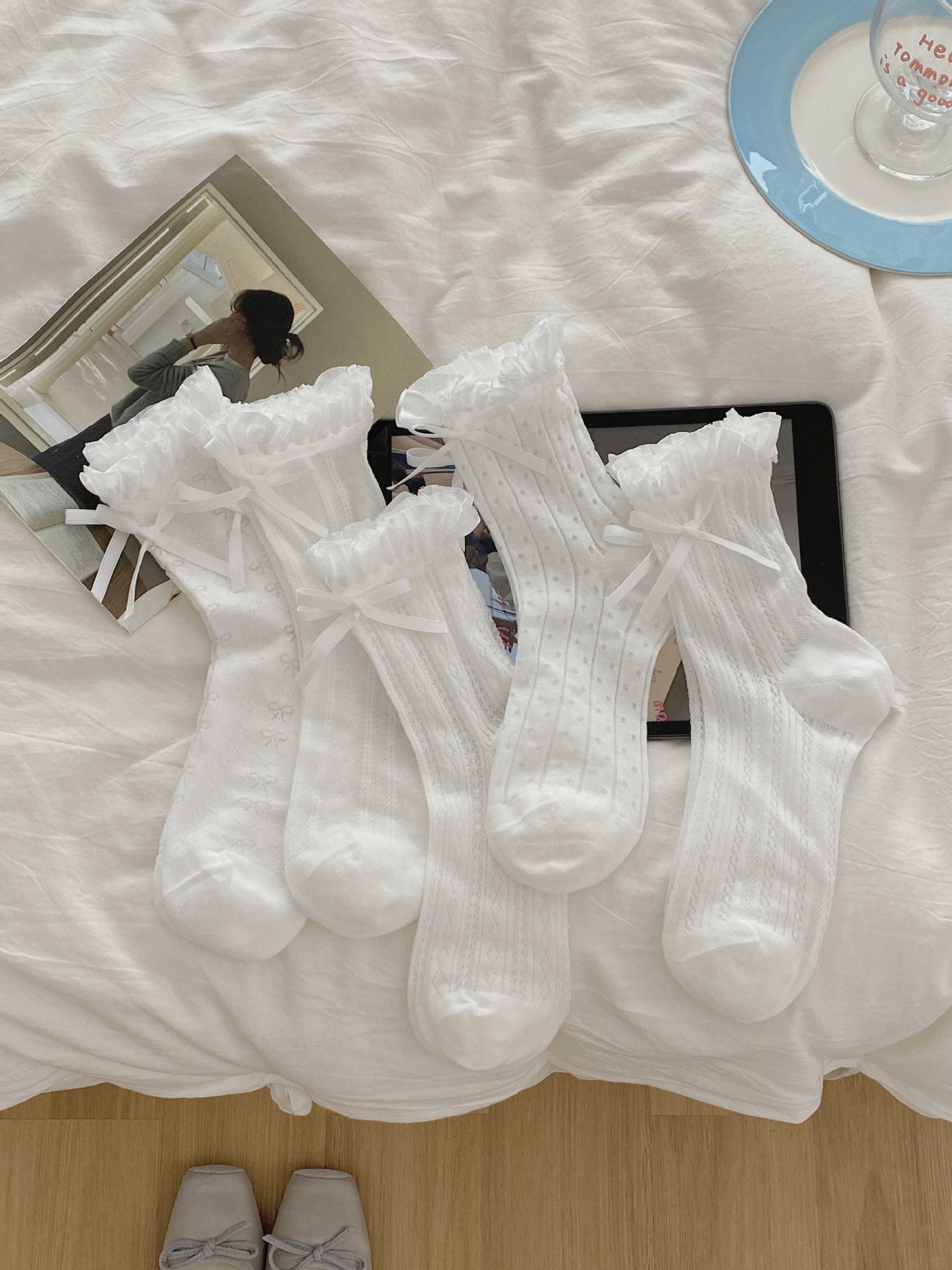 Coquette White Lace Heart Ribbon Ruffle Crew Socks for Balletcore Aesthetic Detail View 1