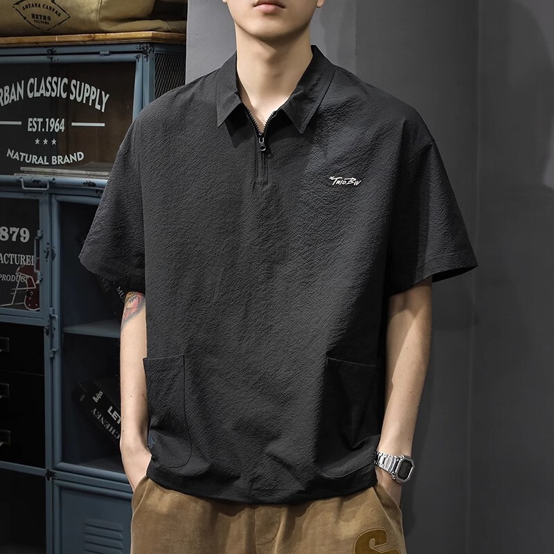 Summer New American Retro Large Size Half-Zip Lapel Shirt Short-Sleeved Loose Casual Versatile Simple Top for Men