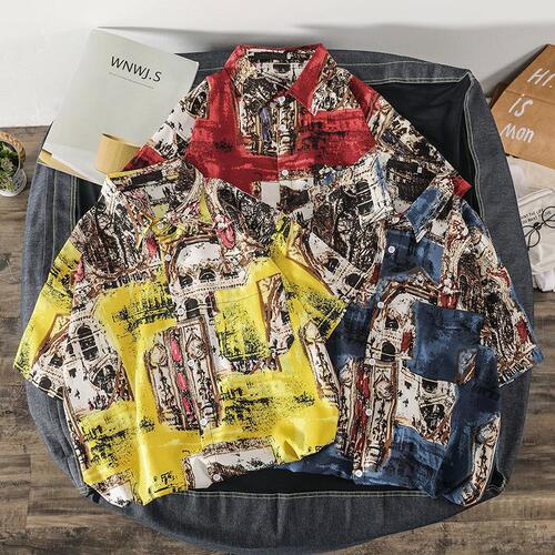 Men's Summer Short Sleeve Collared Shirt, Ins Retro Funny Headprint Personality Print Streetwear Korean Style Loose Collared Shirt