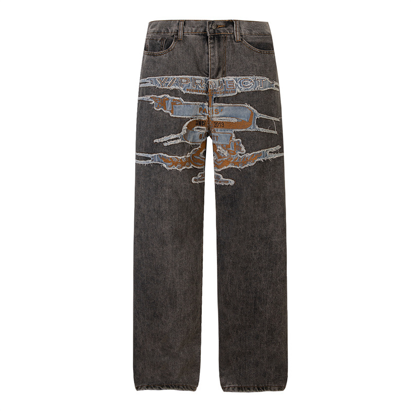 ASK 24ss Jeans Vintage Distressed Patchwork Relaxed Grey