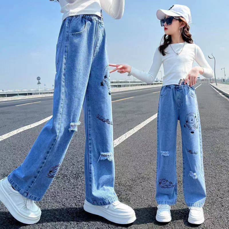 Girls' Jeans Loose Straight Leg Pants Spring and Summer New Western Style Middle and Big Children's Ripped Thin Wide Leg Pants