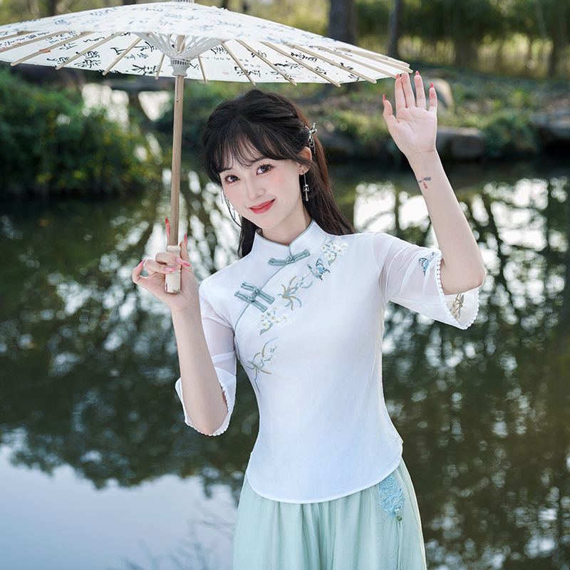 良質中国風夏綿とリネン半袖刺繍スタンドカラースリムレトロ文学茶服トップスーツ|undefined