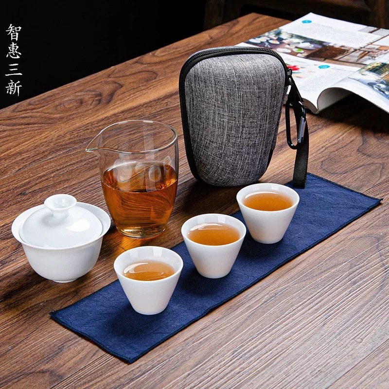 徳化陶旅行茶器セット ポータブルバッグ付き 急須と三杯 キャンプ用功夫茶器ギフトセット|undefined