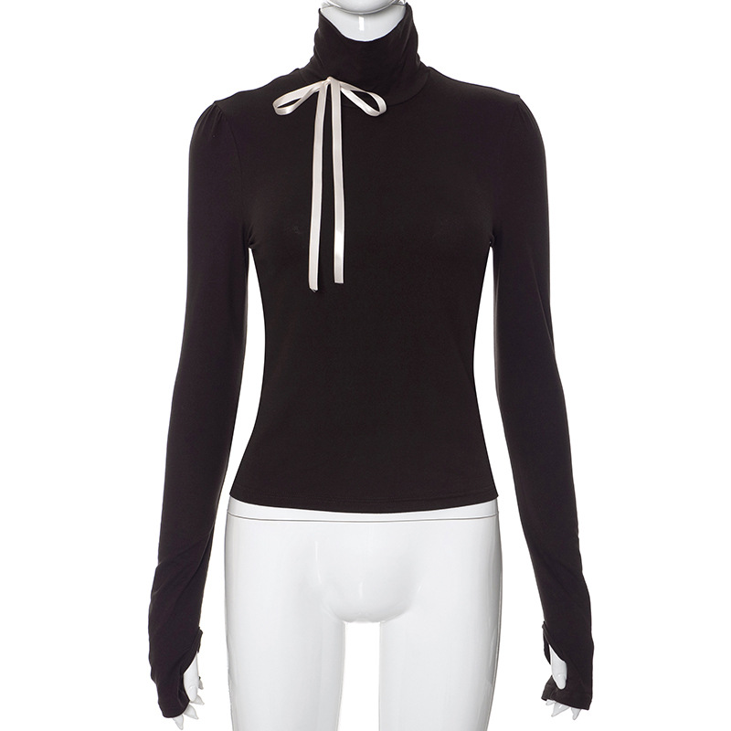 Y23tp668 mujeres europeas y americanas otoño Amazon nuevo color sólido cuello alto dedo conjunto manga larga encaje-arriba camiseta para mujeres