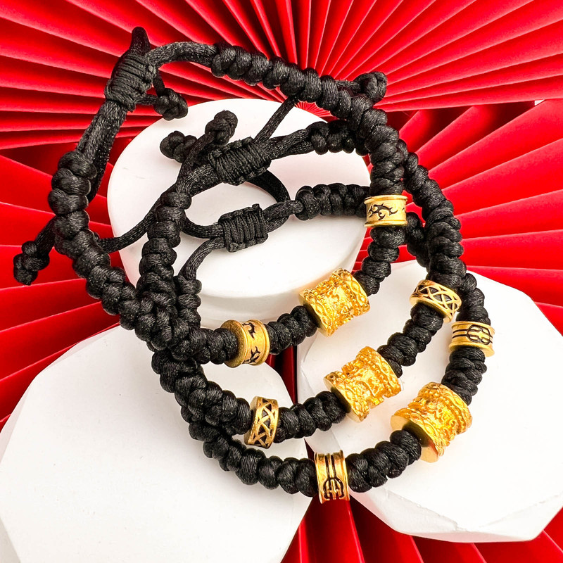 Handmade Rope Tattoo Bead Bracelet, Gold-Plated Jewelry, Sanskrit Tattoo Beads, Black Rope DIY Hand Accessory, One-Piece Dropshipping