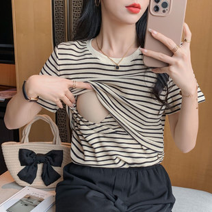 Maternity Summer New Breastfeeding Stripe Waffle Pure Cotton T-shirt Postpartum Hot Mom Skin-friendly Slimming Breastfeeding Top