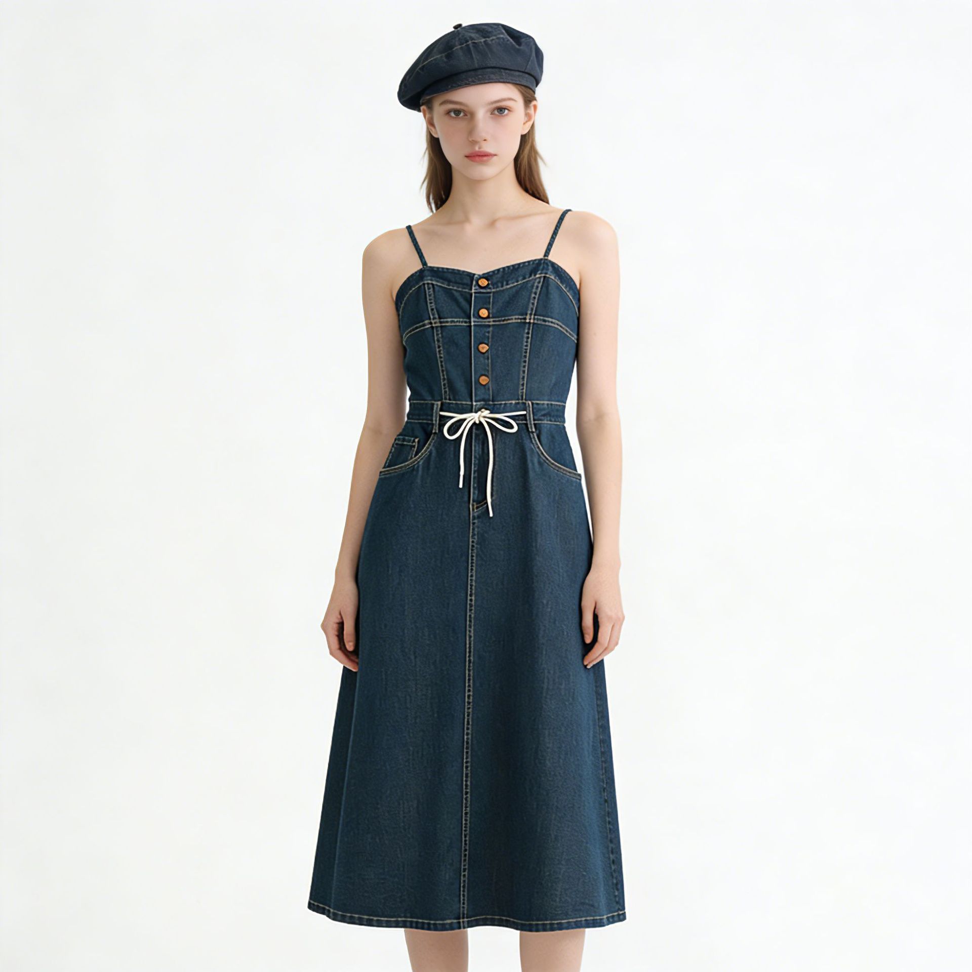 Đầm maxi nữ denim phong cách vintage thiết kế dây đeo thắt eo — xanh lam chi tiết 1