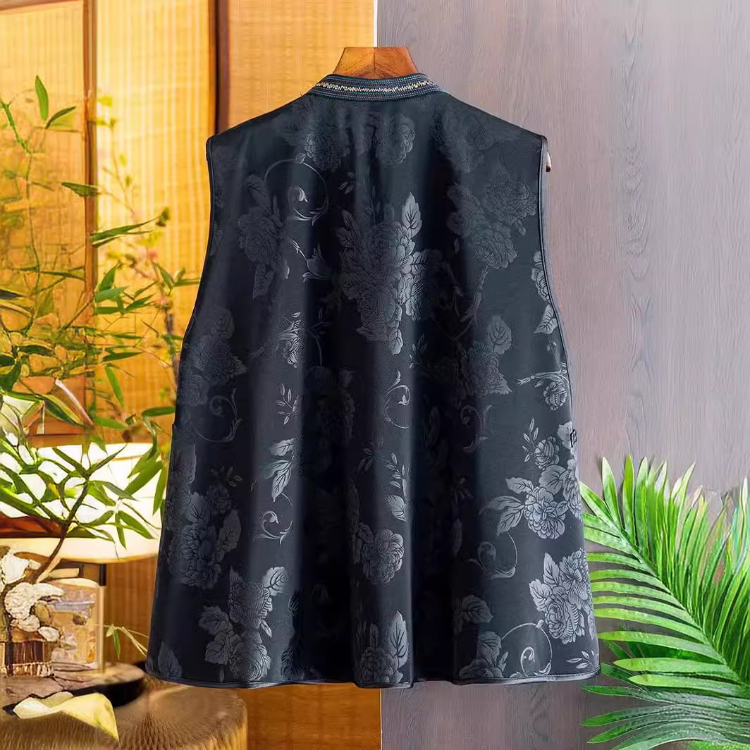 Retro negro suelta chaleco exterior para las mujeres 2023 otoño nueva moda nacional bordado pesado jacquard