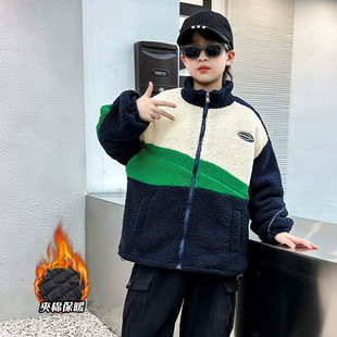 Trendy children's autumn and winter lambswool color matching coat loose lambswool coat contrast color retro warm cotton-padded coat children's western style