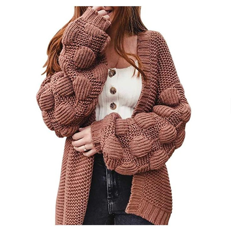 Europa y Estados Unidos transfronterizos mangas de linternas grandes suéter de tamaño medio largo abrigo de mujer otoño y invierno nuevo suelto hilo grueso cardigan de punto