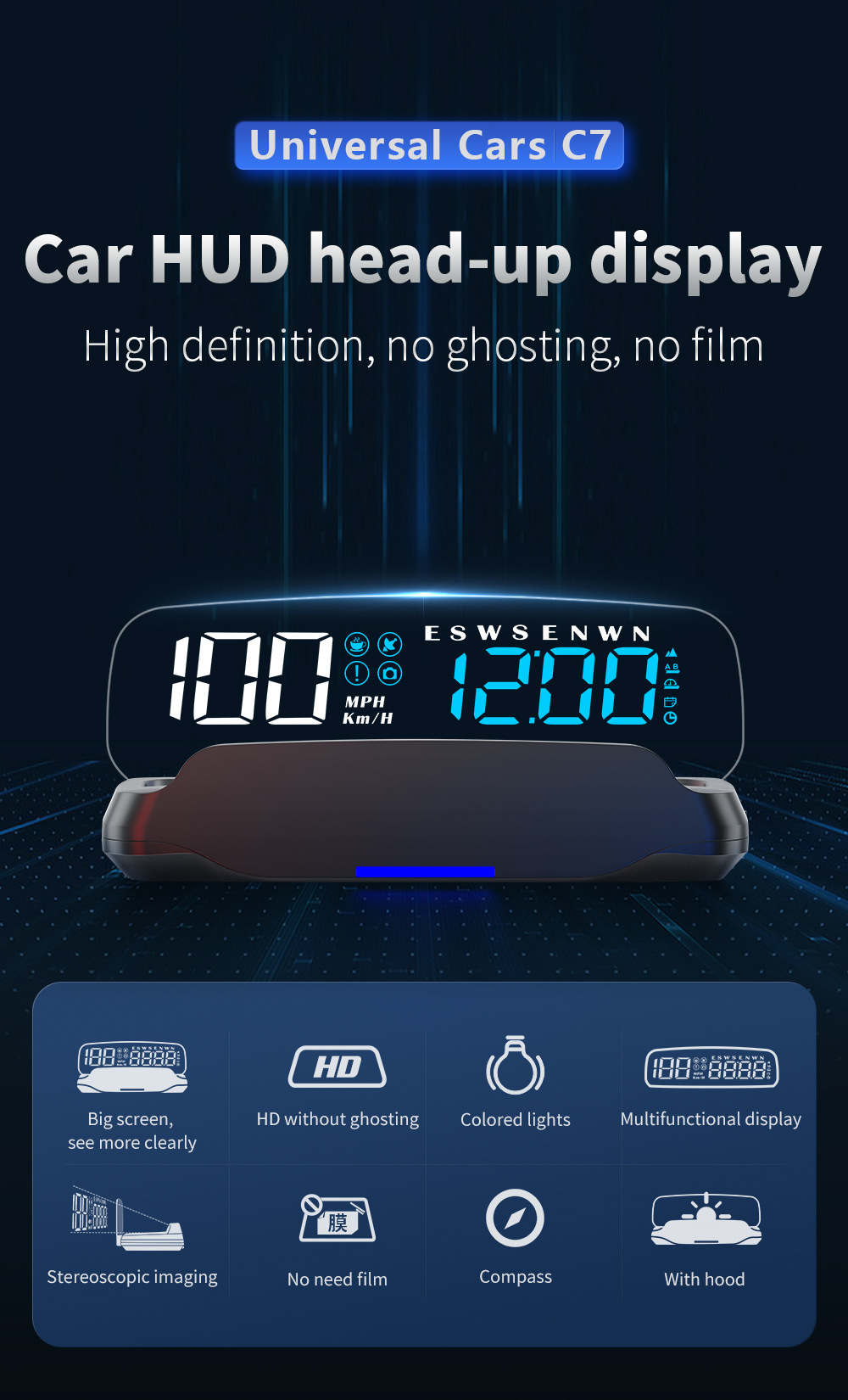 No ghosting HUD head-up display car GPS high-definition USB-powered universal car speedometer altitude date